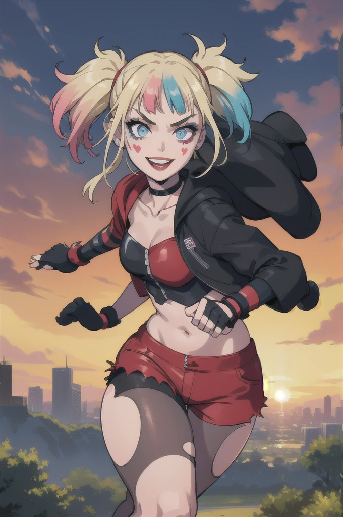 (masterpiece, best quality:1.2), solo, 1girl, isekaiharley, smile, looking at viewer, running, twintails, v-shaped eyebrows, two-tone jacket, crop top, short shorts, torn pantyhose, fingerless gloves, choker, spiked bracelet, cityscape scenery, running, sunset 