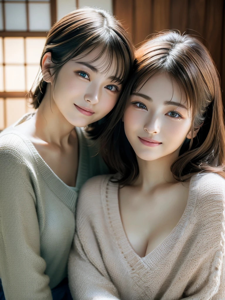 (masterpiece:1.3), (8K, Photoreal, Raw photo, best image quality: 1.4), Japanese high school girl、Similar twins、2 girls、(random hairstyle:1.2)、cleavage:1.2、super detail face、eye for details、double eyelid、chest to chest、sharp focus:1.2、Beautiful woman:1.4、light brown hair、highest quality、masterpiece、Super high resolution、(Photoreal:1.4)、Highly detailed and professionally lit smiles、loose and light knitwear, Two girls are touching each other's bodies because they are surprised that they have exactly the same face.
