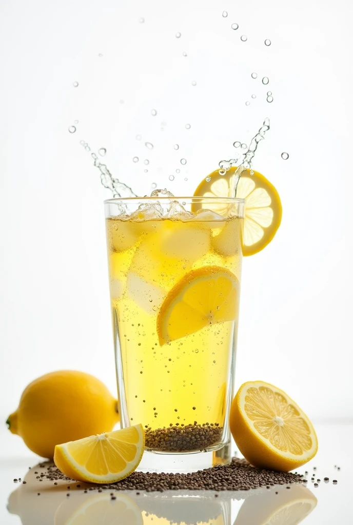 "Glass of lemon water with chia" decorated with lemons and chia, with splashes and white background
