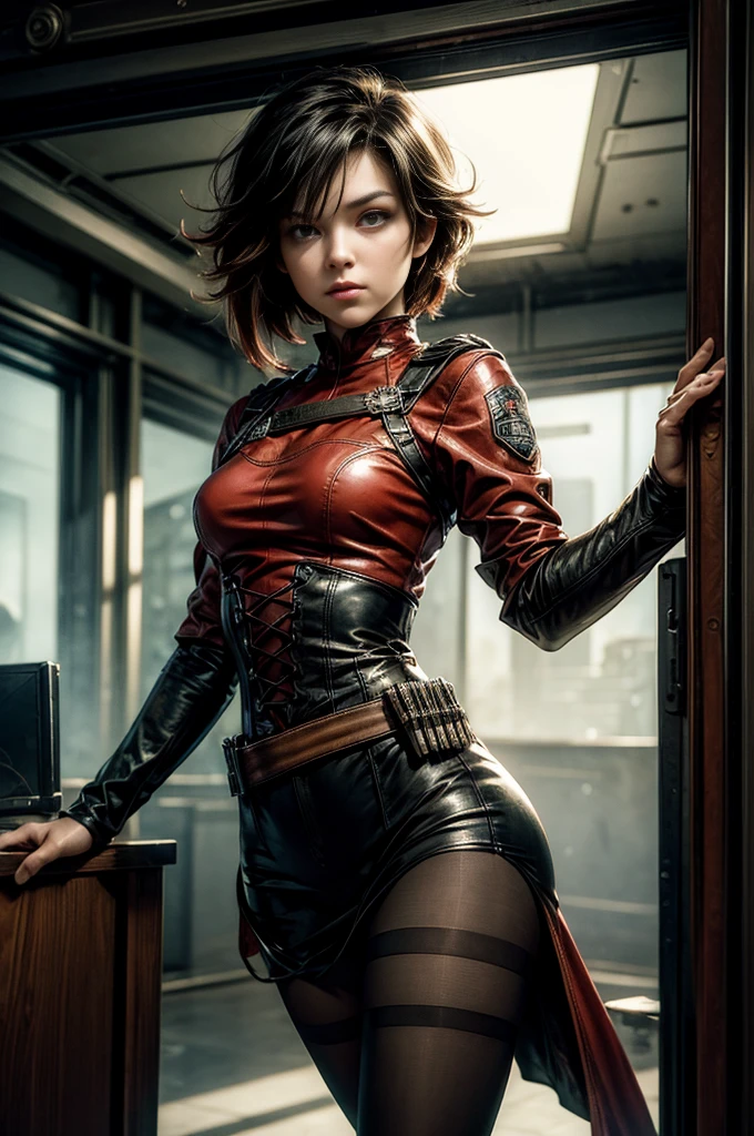 (masterpiece, best quality:1.2), cowboy shot, solo, dynamic pose, 1girl, ruby rose, looking at viewer, military uniform, pantyhose, in futuristic library