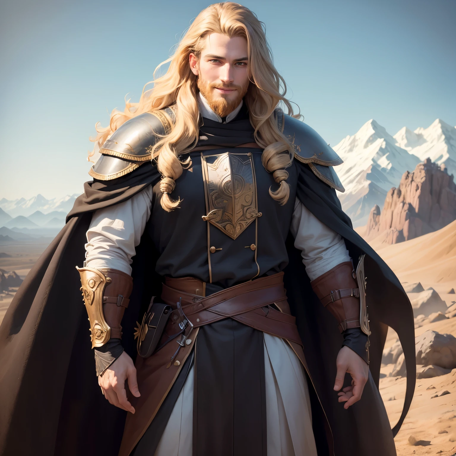 ((best qualityer)), ((work of art)), (detailded), 8k, 4K, hight contrast, work of art, Meticulous attention to facial features and hair strands , an adventurous man with long curly blond hair,barba ,black mantle,layer , full body pose ,Grinning,battle costume ,slightly-smile,in the background mountain valley ,clear lighting, detailed shadows