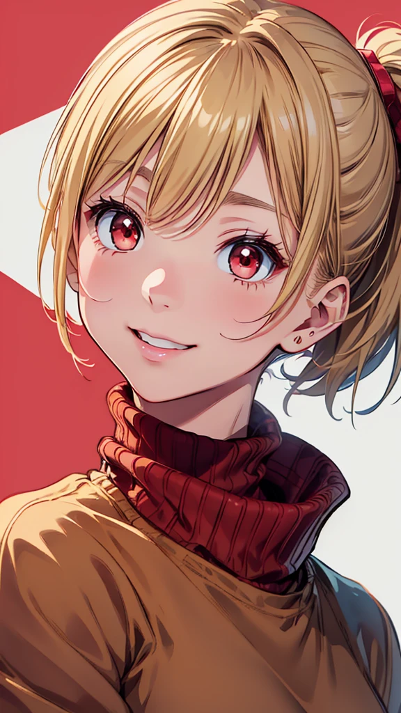 masterpiece、High resolution、High resolution、High resolution、1 female、Very close、Upper body close-up、((Blonde、ponytail、Beautiful red eyes、short hair))、A kind smile、Laughing with your mouth open、Pink Lip Gloss、((Wear a brown coat over a red turtleneck sweater))