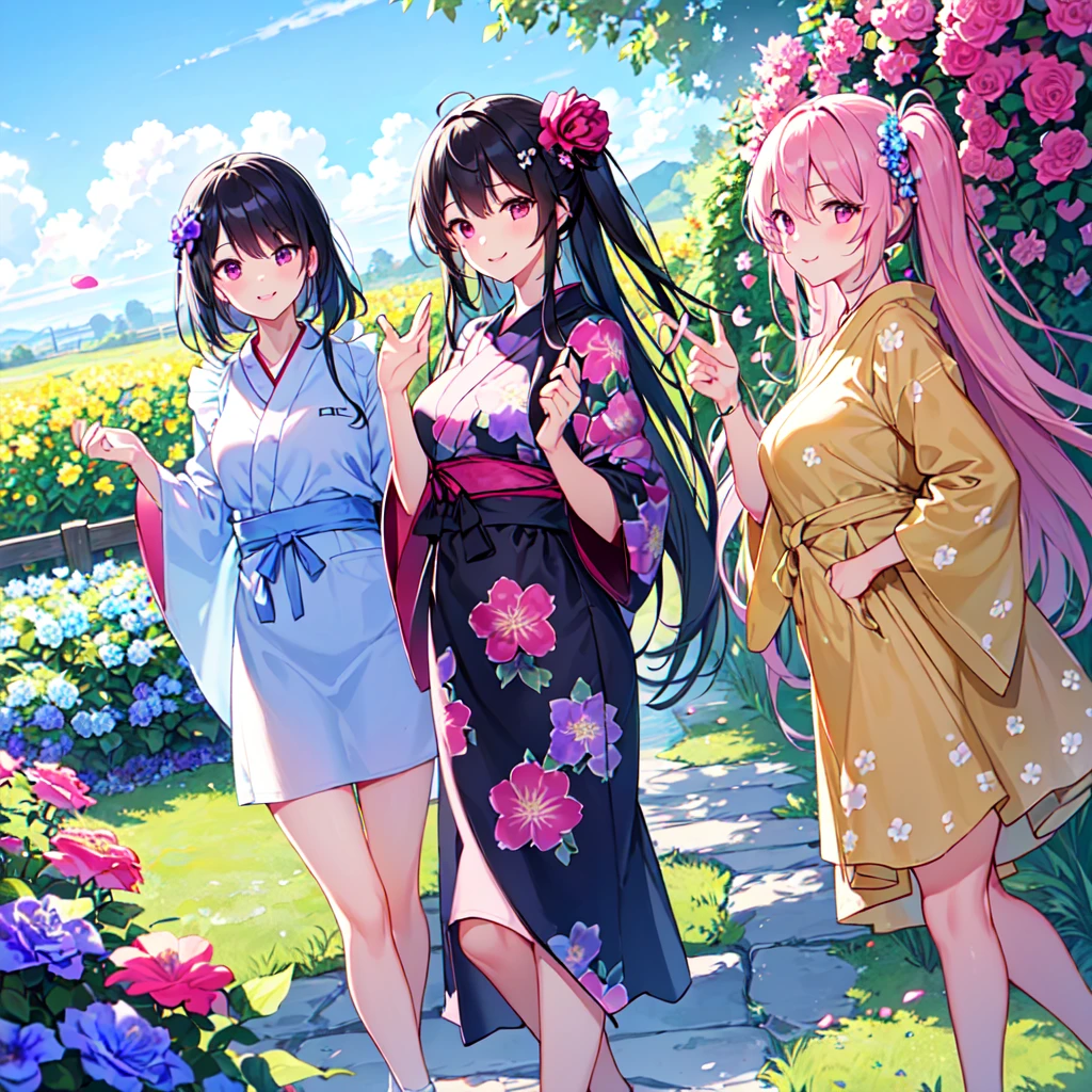 masterpiece, best quality, high quality, extremely detailed, very delicate and beautiful, (3female 18 years old three:1.5), (long black hair up to waist with two side up:1.5), bangs to eyebrows, eyes (eyes: 1.3), (eyes: magenta: 1.3), 6.5 head height, (apron in yukata summer flower print fashion: 1.3), knee socks, lace, frills, (smiling), (welcome pose: 1.3), (standing), (dynamic pose), (summer flower garden:1.3), (blue sky:1.3) ,(group shot)