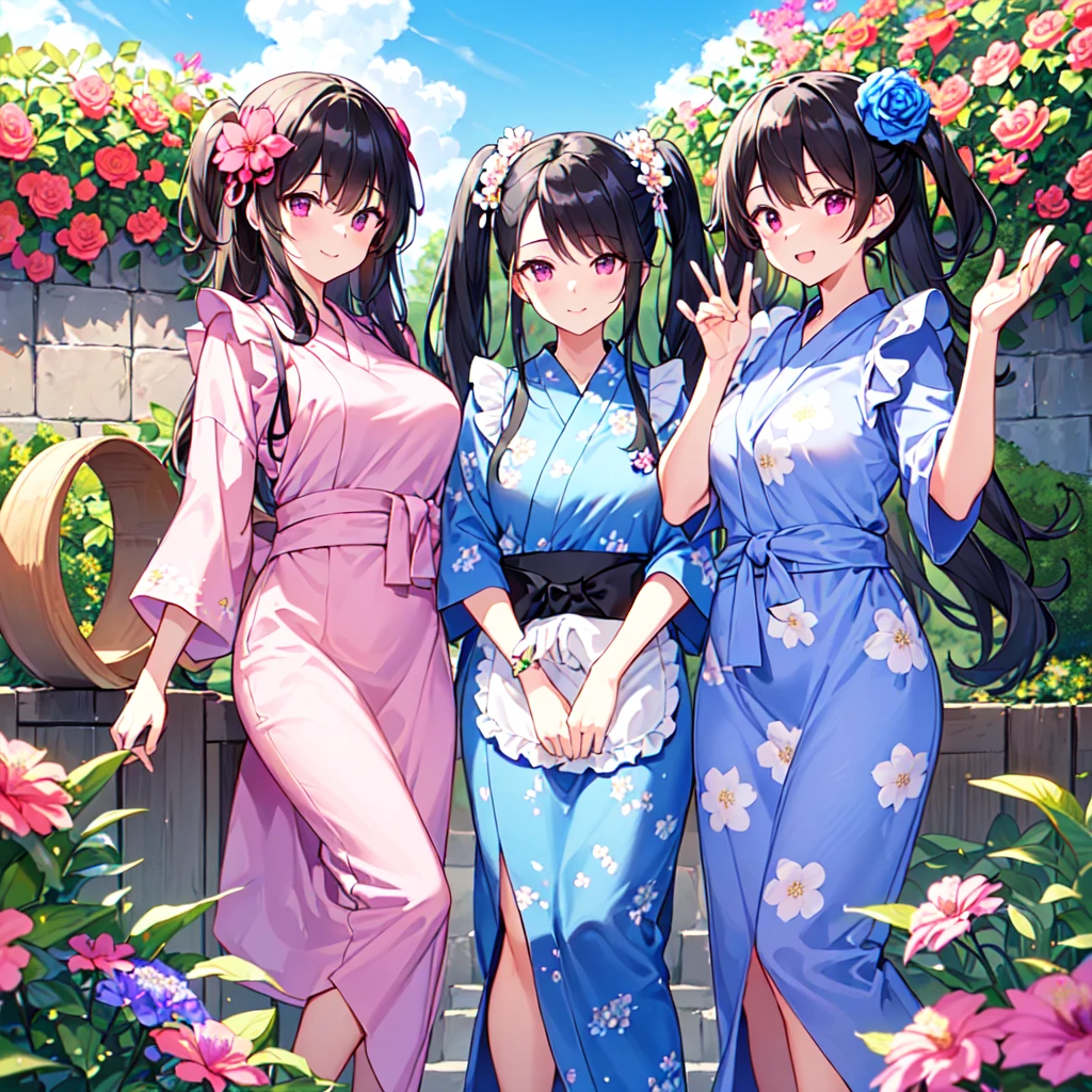 masterpiece, best quality, high quality, extremely detailed, very delicate and beautiful, (3female 18 years old three:1.5), (long black hair up to waist with two side up:1.5), bangs to eyebrows, eyes (eyes: 1.3), (eyes: magenta: 1.3), 6.5 head height, (apron in yukata summer flower print fashion: 1.3), knee socks, lace, frills, (smiling), (welcome pose: 1.3), (standing), (dynamic pose), (summer flower garden:1.3), (blue sky:1.3) ,(group shot)