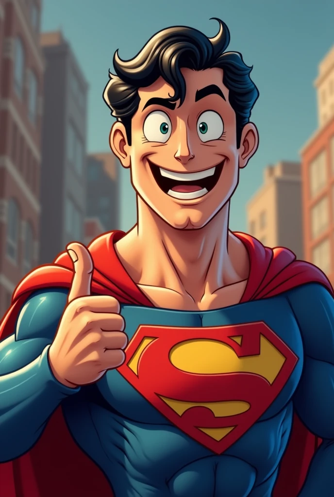 Superman stylized character, comics, Very detailed, 8k,Teeth are visible、smile、Looks like they're having fun、Thumbs up pose、Close your eyes and laugh