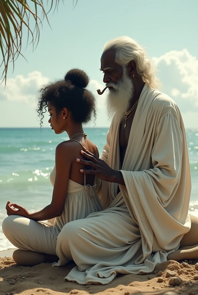 natta, a brown woman, with a bun in her CURLY hair, of coasts sitting meditating, with an ELDERLY black entity from Umbanda at his side, wear white clothes, with a pipe, with his hand on her shoulder guiding her