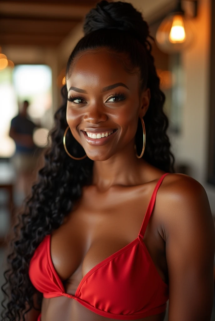 Thandi Minenhle, radiantly beautiful with big solid muscles and big boobs in a stylish outfit, exudes confidence as she poses in the restaurant. The perfect lighting bathes her in a warm, flattering glow, illuminating every intricate detail of her features. Her clear background adds to the highly detailed, sharp focus image, showcasing her flawless, realistic skin texture and detailed eyes. The professional photographer captured this masterpiece in 4k resolution, utilizing shallow depth of field and Kodak Vision Color for maximum detail and authenticity. Thandi's charming smile radiantly shines, adding to the ultimate realism and photographic perfection of this moment in time. (Photorealistic, Ultra-