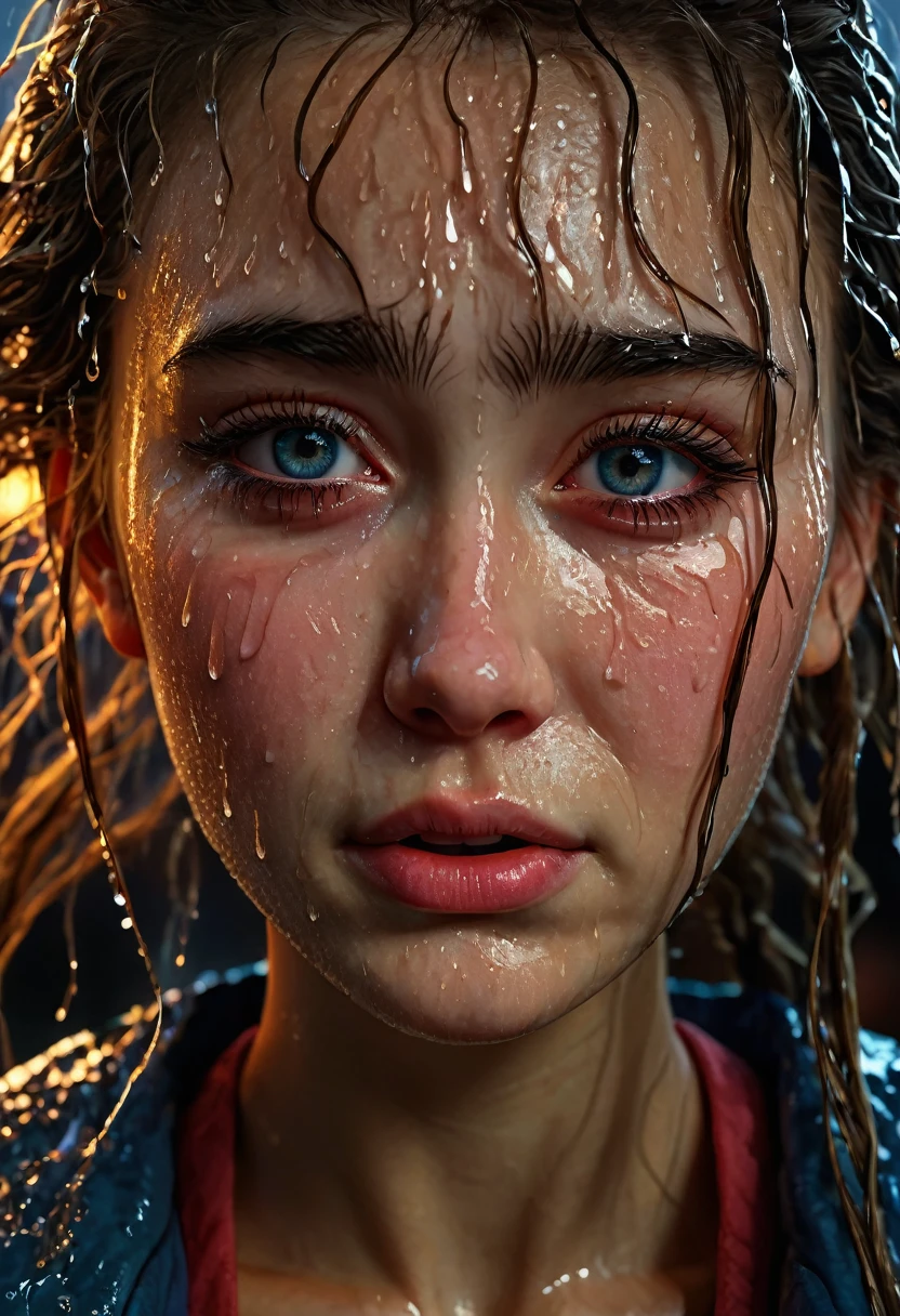 photorealistic, of the highest quality, Higher resolution, Super detailed, 16k, movie lighting, (rainy afternoon:1.4),(evening:1.4), (crying:1.4),(tears:1.4), Grandes tears, wet in the rain, wet hair, Light from the street lamp, detailed eyes, sad expression, tears run down my cheeks, Viewing angle like a classic movie., Works by famous directors., (1 girl in :1.4),Best Quality, mesa, (realist:1.2), young woman, Agitate, detailed face, detailed eyes, detailed hairs, detailed skin,look at the viewer, dramatic, Vibrant, (Best Quality Detail:1.2),8K High Definition,Ojos humedecidos con tears