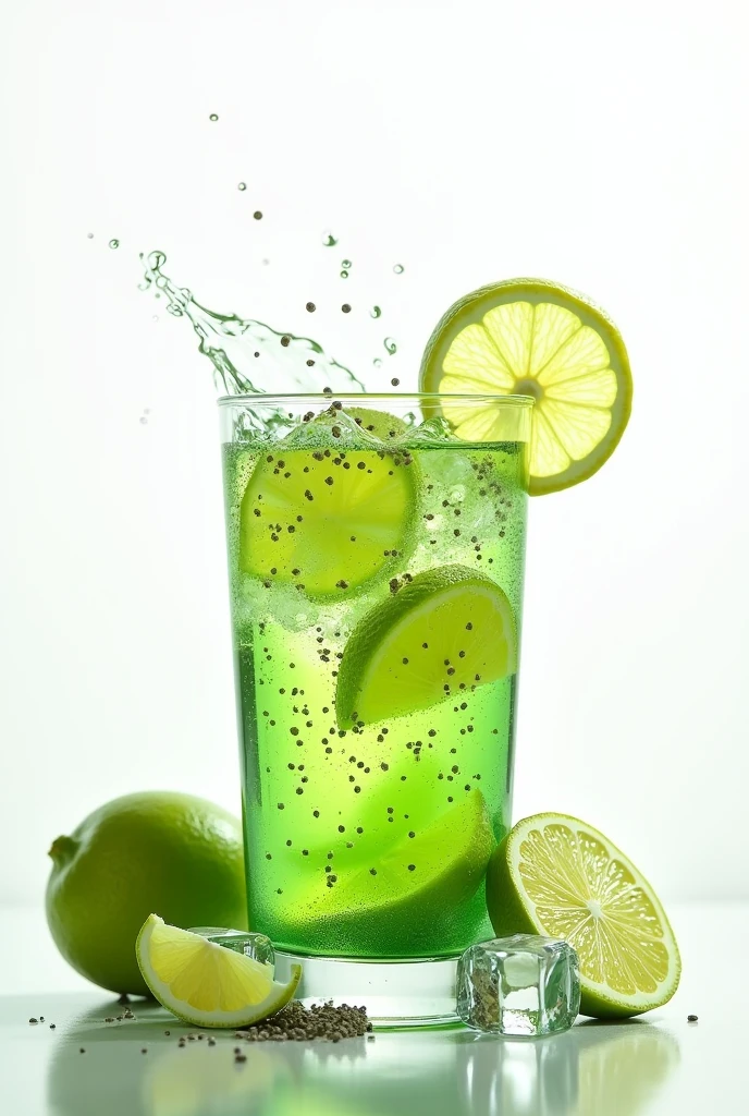 "Glass of green lemon water with chia" decorated with green lemons and chia, with splashes, ice and white background
