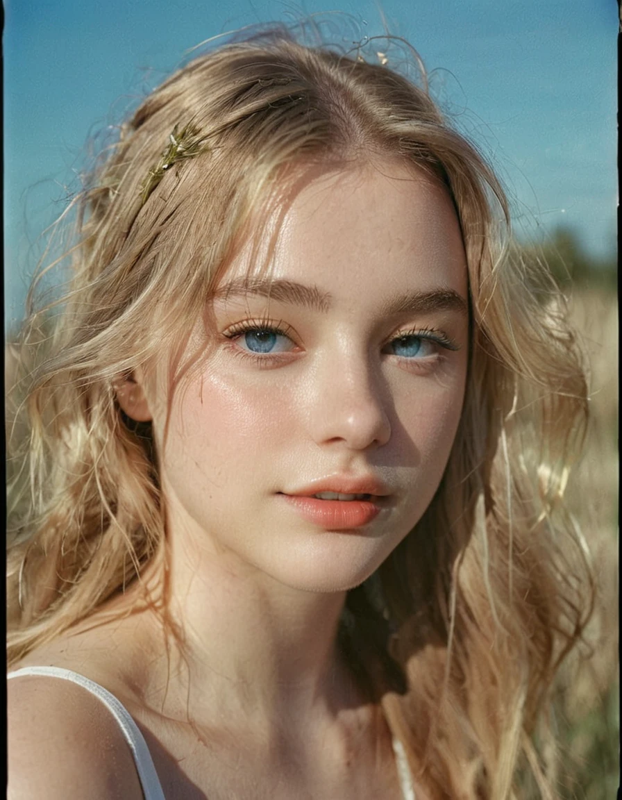 photoshoot, photo studio, RAW photo, editorial photograph, film stock photograph, cinematic, posing, amateur photo, face portrait, analog, raw, f2, 35mm, an (amateur photo), flash photography, taken on an old camera, polaroid, 8k, highly detailed, (high quality, best quality:1.3), Extremely high-resolution, film grain, pale skin, solo, very detailed, detailed face, very long hair, picture of a beautiful young woman, NOT Dasha Taran, sfw, ((natural blonde hair)), amazingly well cared hair, High Definition RAW Photography, (full body), standing, delicate facial features, pretty face, (bright sky-blue eyes:1.2), mesmerizing eyes, emotive longing expression, (cinematic, film grain:1.1), laughing, perfect teeth, sunlight ilumination, ((macro lens)), natural, ((focused on eyes)), blue eyes, ultradetailed realistic eyes, feminine expressions, photography, dslr, 35mm, Fujifilm Superia Premium 400, Nikon D850 film stock photograph, Kodak Portra 400 f1.6 lens, 8k, UHD, european woman, realistic skin, skin pores, (whole head, do not crop head), whole head is visible, detailed background