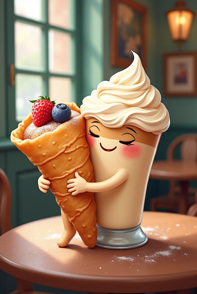 A frappé hugging a crepe