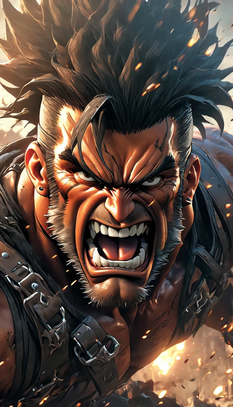 Anime:1.3,( hyper detailed, 8k, RAW Photos, Premium quality, masterpiece, epic lighting. close up, Centered image), (Complete plan:1.4),((1 handsome and muscular man, post-apocalyptic, guerrero, Perfectly detailed and anatomically perfect face and body, (action pose and badass), for the cover of Heavy Metal magazine, dynamic pose, beautiful and detailed hair, Leather Clothes))