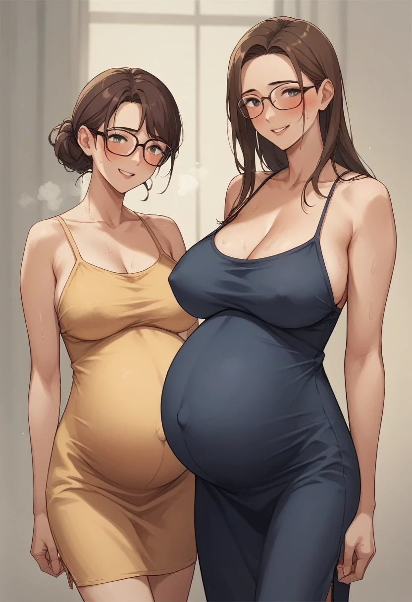 Huge breasts、blush、Sweat、In the heat、smile、Brown Hair、Glasses、
{Highest quality}, {so beautiful}, {Very detailed}, {Best illustrations},Life、slim:1.5、Camisole long maxi(tight)dress、Are standing、Pregnant women