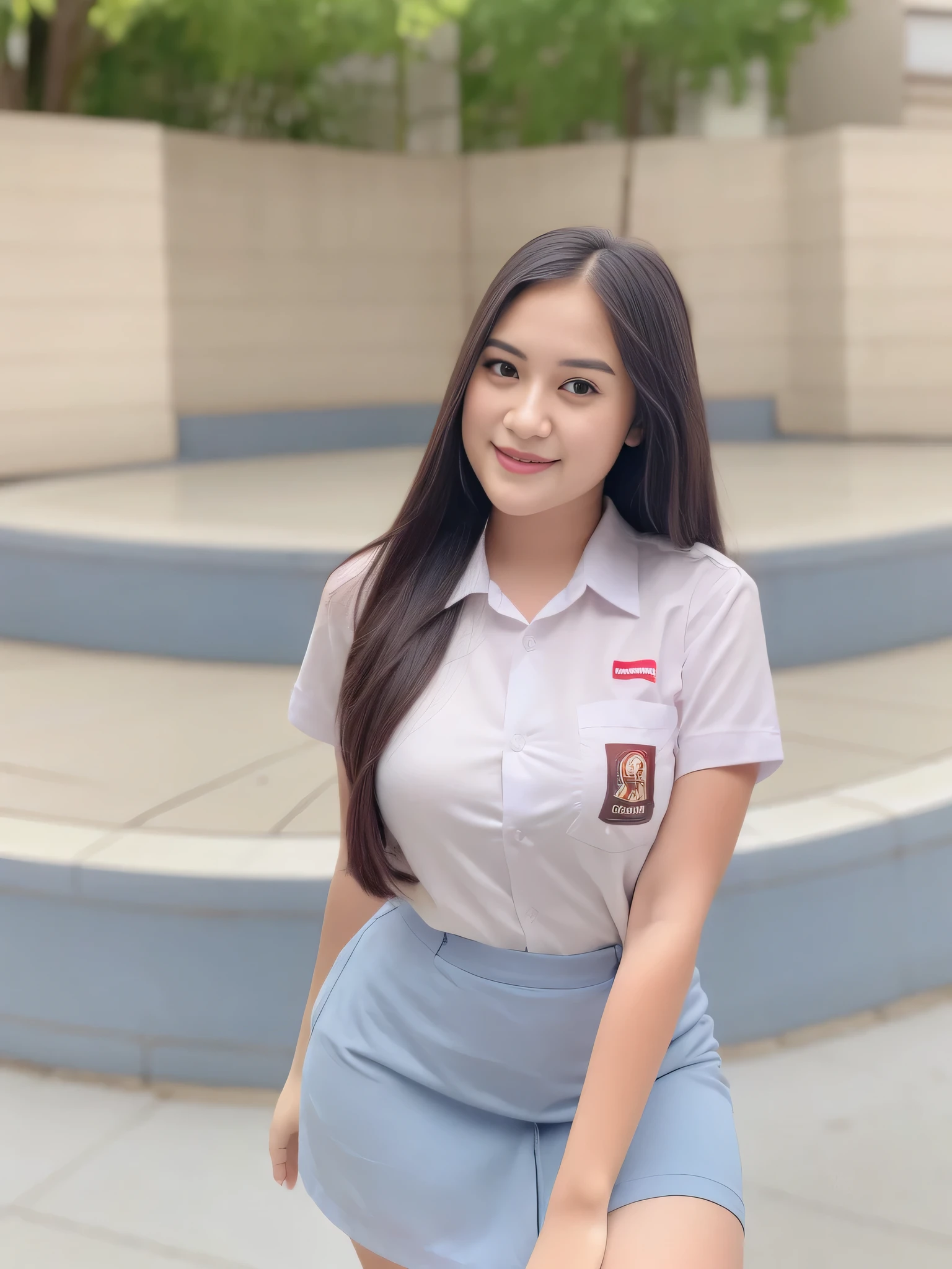 1girl, solo, 19 years old, (uniform), detailed Metropolitan city at the background, portrait, thick breasts, semi-curvy body, smooth realistic skin, cute smile, white shirt, grey blue short skirt, looking at the audience, high angle shot,(8k, RAW photo, best quality, masterpiece: 1.3), (realistic, realistic: 1.37), ultra-high resolution, cowboy shot