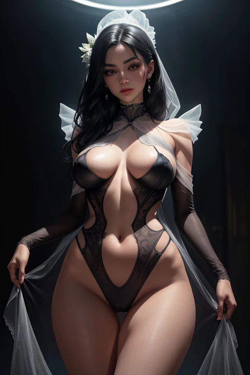 Masterpiece portrait from below in dark shadow, mysterious attractive woman, delicate transparent outfit,beautiful realism, real texture,real body physics,areola exposed, thigh gap exposed,