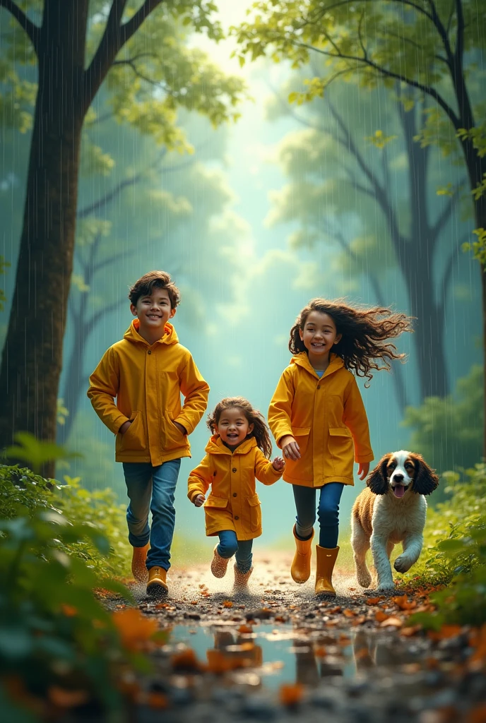 11 year old boy and 6 year old sister with their dad and mom running in the rainy forest with their cocker spaniel dog 