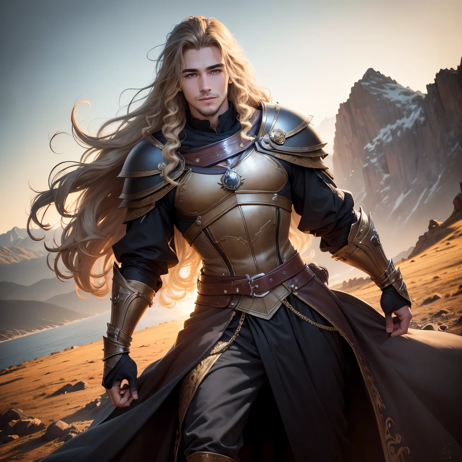((best qualityer)), ((work of art)), (detailded), 8k, 4K, hight contrast, work of art, Meticulous attention to facial features and hair strands, 15 year old young man, an adventurous man with long curly blond hair,barba ,black mantle,layer , full body pose ,Grinning,battle costume ,slightly-smile,in the background mountain valley ,clear lighting, detailed shadows
