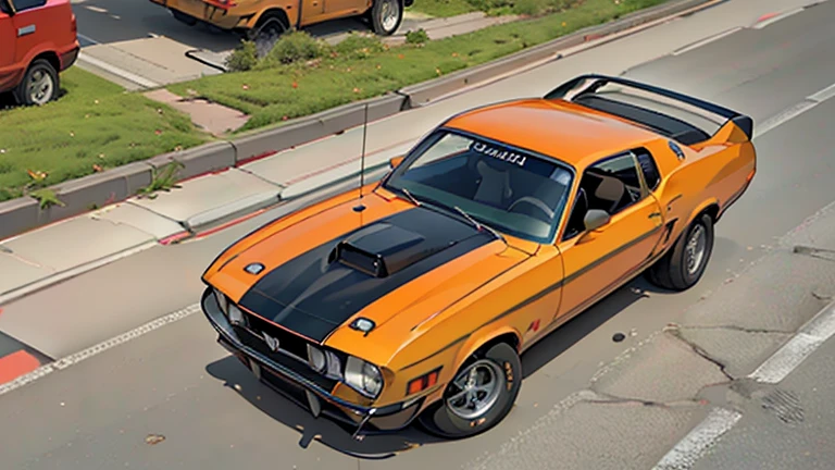 (Masterpiece artwork, super detaill, High details, high qualiy, best qualityer, highres), (From above, atmospheric perspective), automobile (Mustang mach 1 1971), rot, com lista black no capô. 1womanl (black, black, afro), usando maiô rot, (Cramped) near the car Futuristic city in the background.