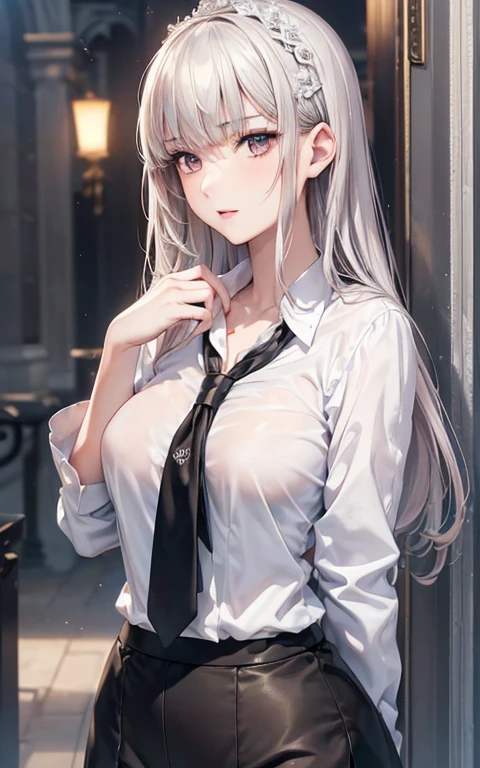 Warma：white hair,red eyes,large breast,nsfw, slip,school uniform,upskirt,skirt lift,lace panty,twin_braids,smile,ahoge,Nu Jiu（Nu Jo）：white hair,heterochromia,bule eye,yellow eye,casual wear,clear face,expressionless,low ponytail,,