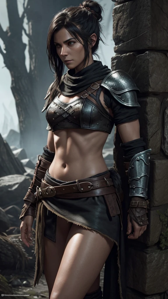 A beautiful female rogue, short black hair, Dungeons and Dragons aesthetic, skimpy armour, high detail face, high detail skin, 8, HDR, high resolution, photo-realistic, cinematic lighting, depth of field, bokeh, rim lighting, backlit, cool colours, night
