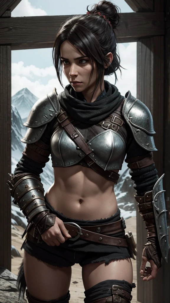 woman with short brown hair, and barbarian outfit cloth, stealth digital dungeons and dragons, full body, detailed eyes, outdoor, side view, full-face