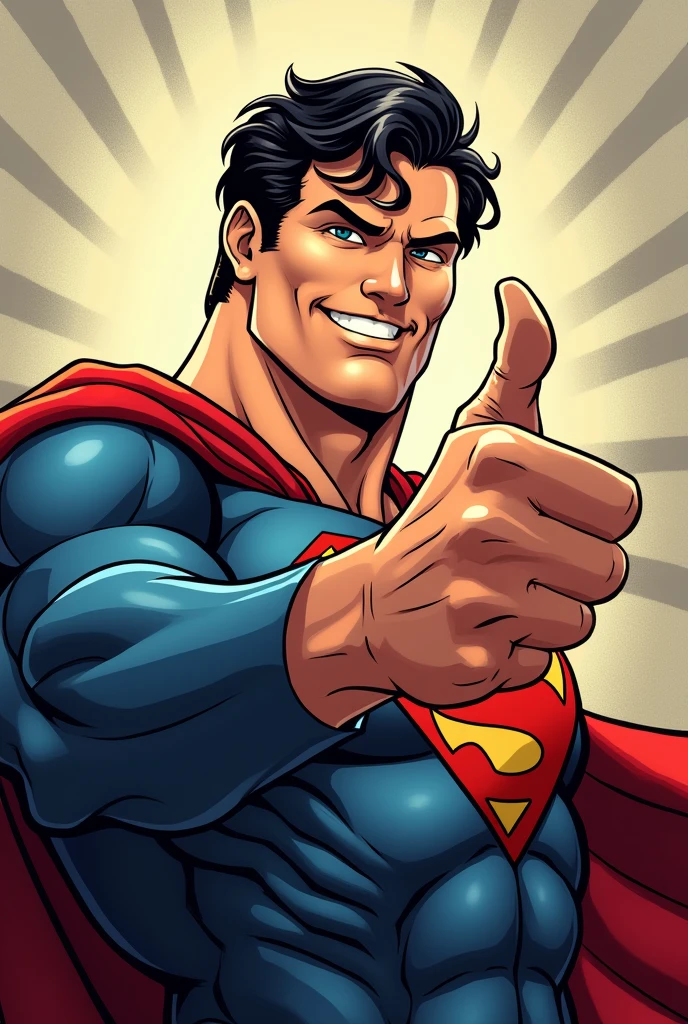 Superman stylized character, comics, Very detailed, 8k,Teeth are visible、smile、Looks like they're having fun、Thumbs up pose、Close your eyes and laugh
