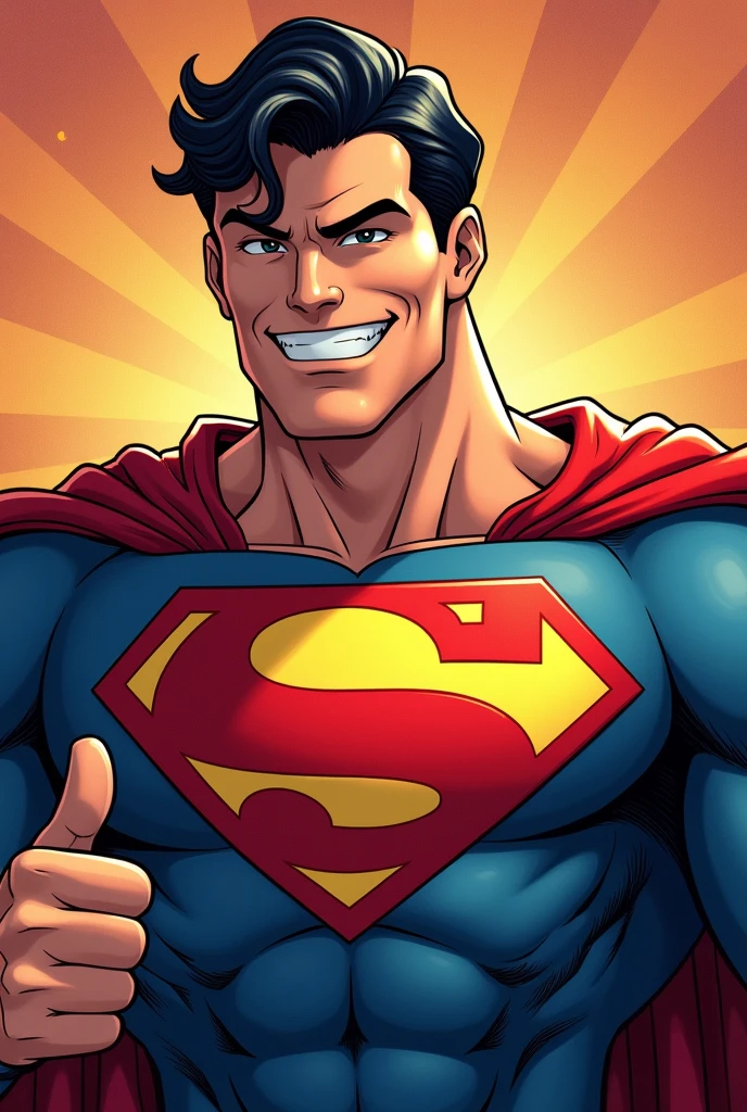 Superman stylized character, comics, Very detailed, 8k,Teeth are visible、smile、Looks like they're having fun、Thumbs up pose、Close your eyes and laugh