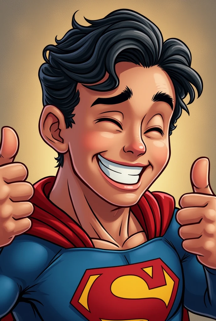 Superman stylized character, comics, Very detailed, 8k,Teeth are visible、smile、Looks like they're having fun、Thumbs up pose、Close your eyes and laugh