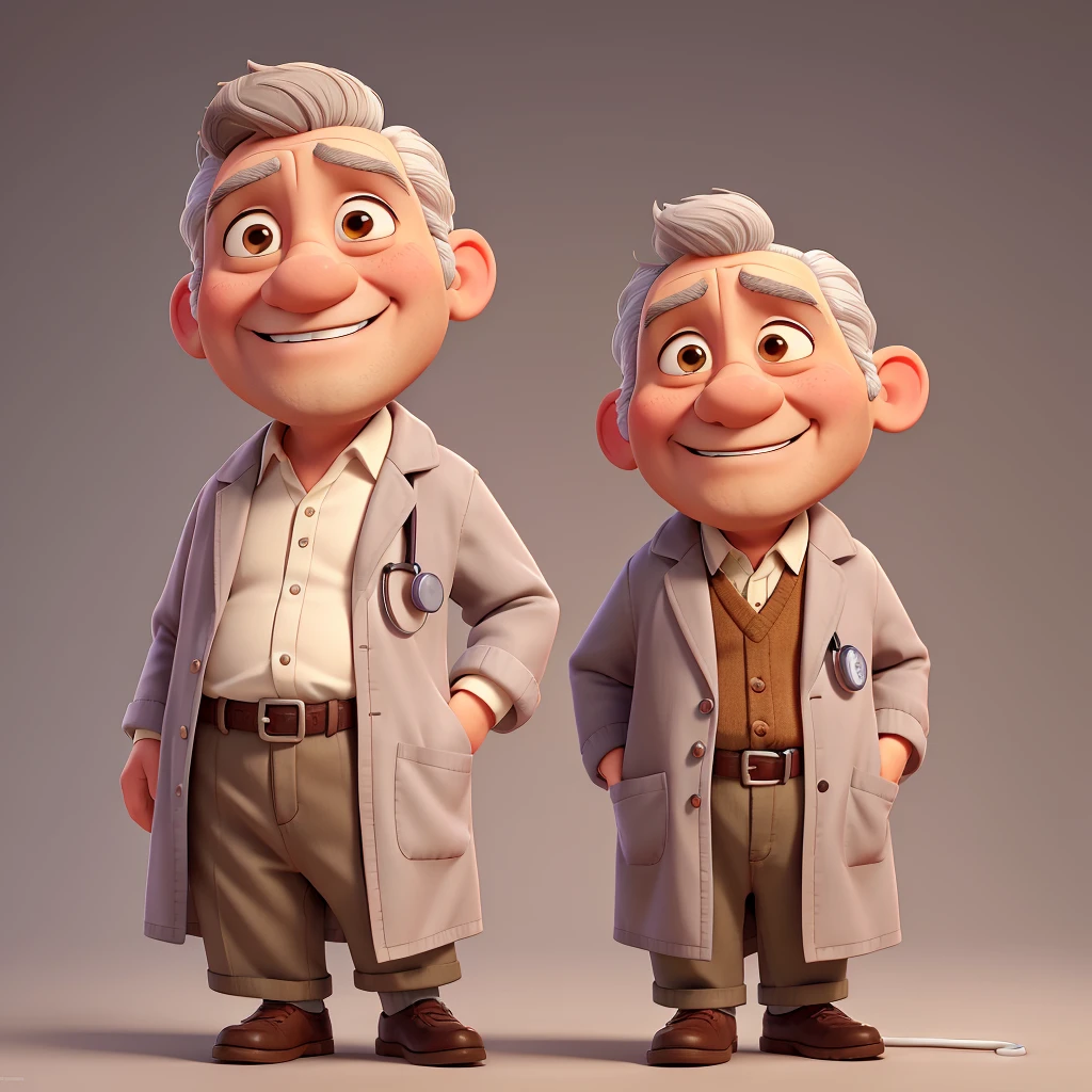 low old doctor, a little overweight, remake to disney persona, no beard, big ears, brown eyebrown, grey hair, white coat, stethoscope, grin, grey hair, hair little to side, low eyes, no cowlick, half-closed eyes, light smile, puckered lips, forehead