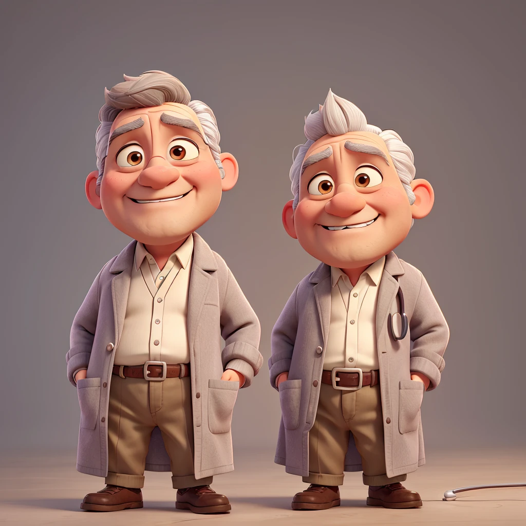 low old doctor, a little overweight, remake to disney persona, no beard, big ears, brown eyebrown, grey hair, white coat, stethoscope, grin, grey hair, hair little to side, low eyes, no cowlick, half-closed eyes, light smile, puckered lips, forehead