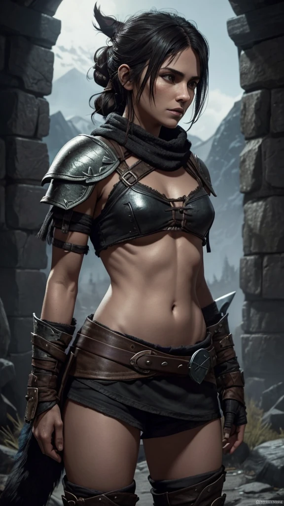 Skyrim, nsfw, female bandit leader, skinny, young, small build, lonely, dark hair tied up into a messy bun, wolf companion, skimpy worn-out leather armor, bow, 