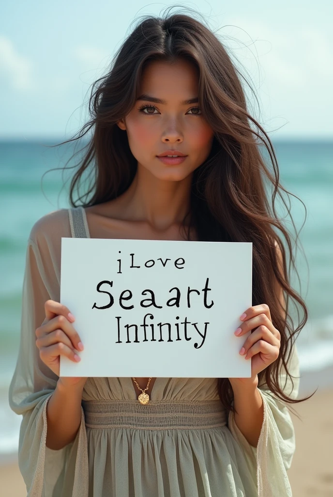 Beautiful girl with wavy long hair, bohemian dress, holding a white board with text "I Love Seaart Infinity" and showing it to the viewer