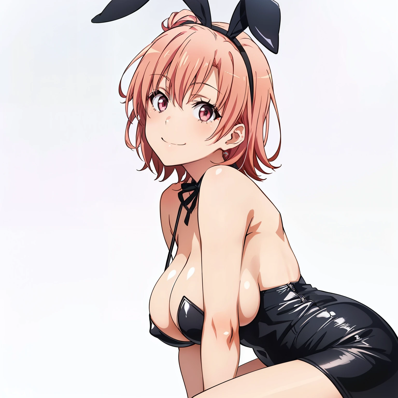 ((masutepiece, Best Quality, hight resolution, nffsw, Perfect Pixel, depth of fields, 4K, )), 1girl in, Solo, , Beautiful anime girl, Beautiful Art Style, close up, Looking at Viewer, Perfect body, side shot, Yuigahama Yui, Short hair, pink hair, pink eyes, hairbun, (large boob), side boob, sitting, black playboy bunny outfit, smile, hands on thighs, blank white background, shot from the waist up