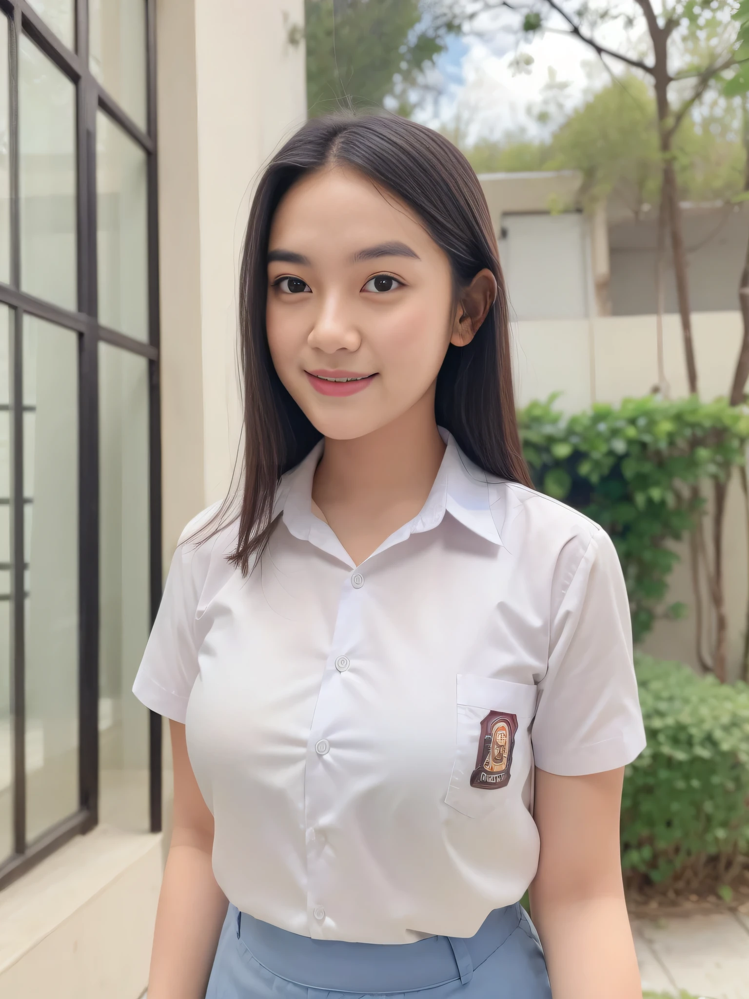 1girl, solo, 19 years old, (uniform), detailed Metropolitan city at the background, portrait, thick breasts, semi-curvy body, smooth realistic skin, cute smile, white shirt, grey blue short skirt, looking at the audience, high angle shot,(8k, RAW photo, best quality, masterpiece: 1.3), (realistic, realistic: 1.37), ultra-high resolution, cowboy shot