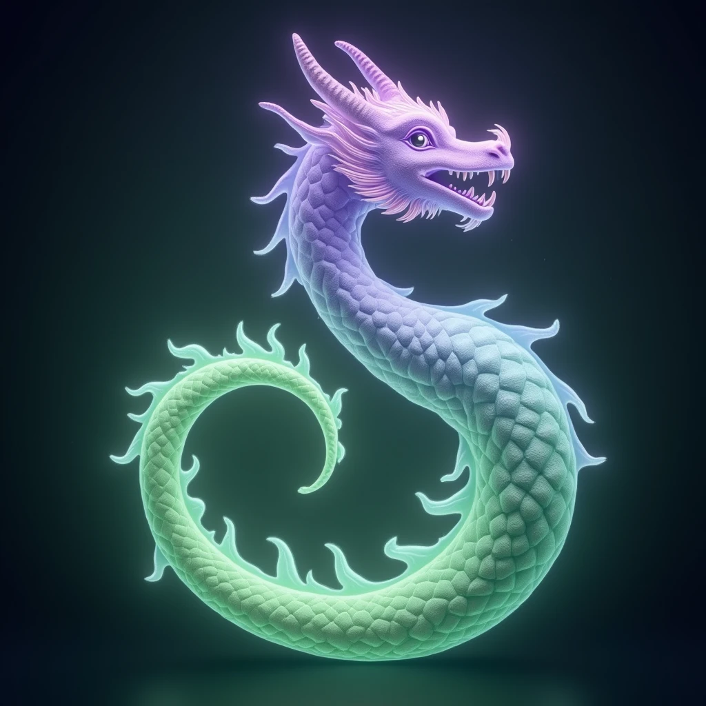 soft green flame with soft purple in the shape of a dragon