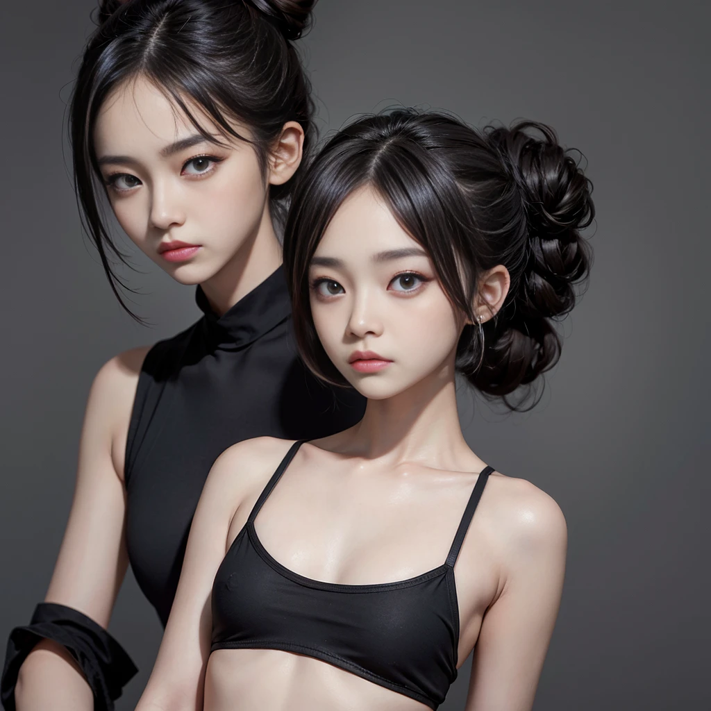 solo, High resolution, Gaze, Bun Hair, Half-up hairstyle, Bun Hair, Small breasts, Slanted Eyes, Brooding face, Expressionless, Empty look, Bad mood, old girl, small chest, single eyelids, small eyes, korean girl, Sanpaku eyes, grumpy face, black bikini, Contempt/angry gaze, asian eyes, monolid, half eyes, short hair
