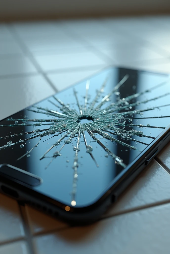 Cell phone dropped on the floor with a broken screen: