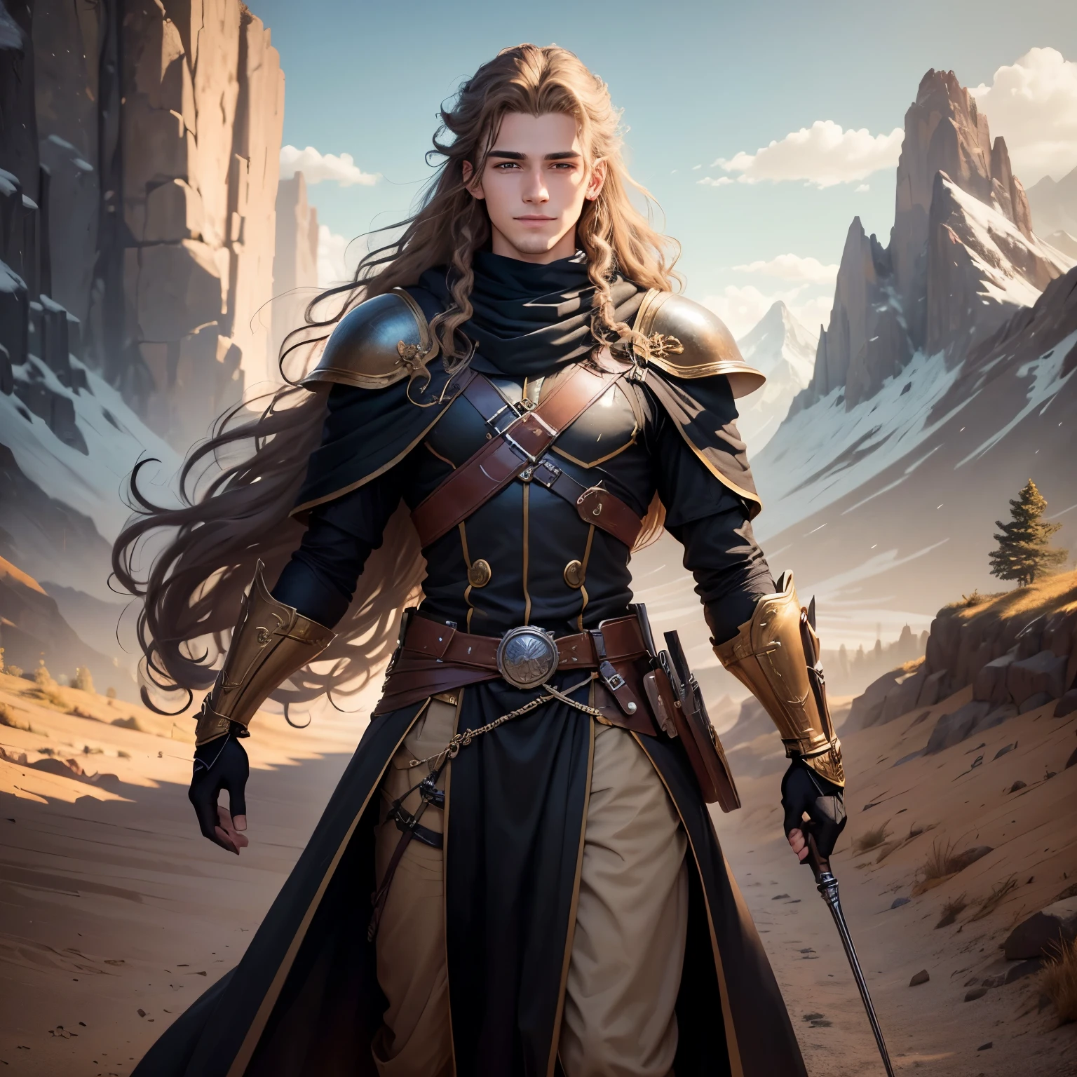 ((best qualityer)), ((work of art)), (detailded), 8k, 4K, hight contrast, work of art, Meticulous attention to facial features and hair strands, 15 year old young man, an adventurous man with long curly blond hair,barba ,black mantle,layer , full body pose ,Grinning,battle costume ,slightly-smile,in the background mountain valley ,clear lighting, detailed shadows