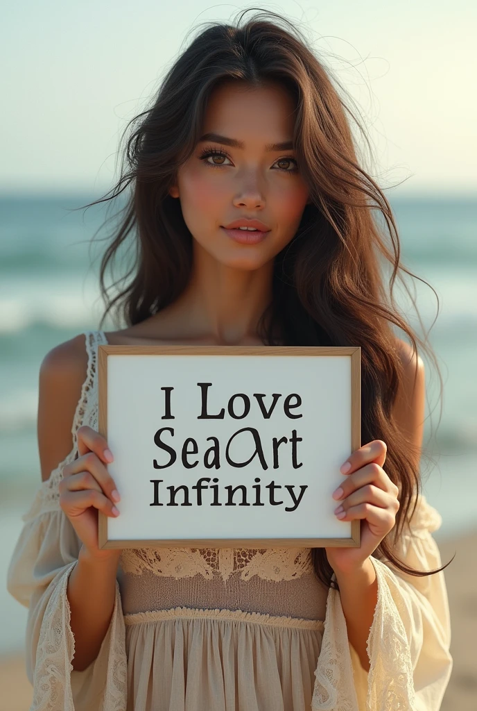 Beautiful girl with wavy long hair, bohemian dress, holding a white board with text "I Love Seaart Infinity" and showing it to the viewer