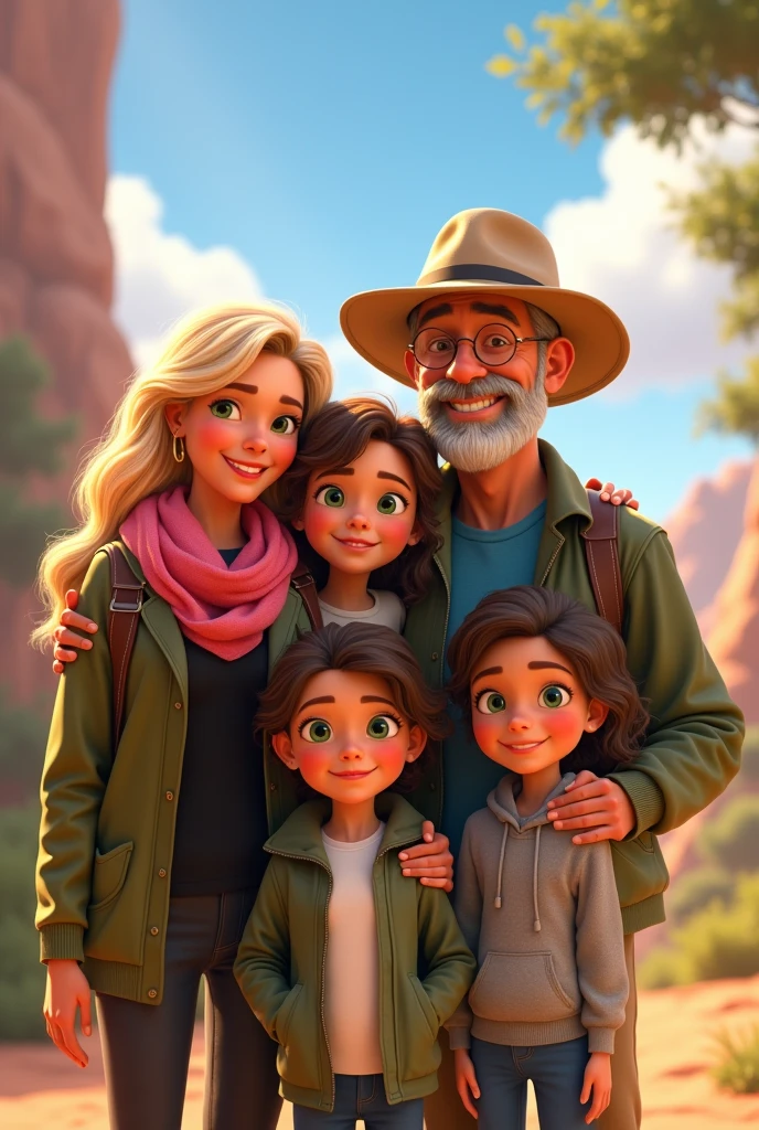 In the image that will be the cover of a charming Pixar-style story, a family of five happily poses in a place full of symbolism and magic, ready to start a great adventure. **Characters:** - **The Mother:** She is a woman with a warm look, with a natural glow that illuminates others, brown eyes. She wears a pink scarf that contrasts beautifully with her blonde hair that falls in soft waves on her shoulders. He wears an olive green jacket over a black t-shirt, with light shorts. - **The Father:** At his side is the father, an older person with an adventurous appearance, with a beige safari hat that gives him an explorer air. His eyes are light green and he has gray hair on the sides of his head. He has a slight visible beard that is not very abundant, and he looks older. He wears a blue polo shirt and a light green jacket that protects him from the weather. - **The Eldest Daughter:** To the right of the father, the eldest daughter is a young woman with long hair very curly from the roots that cascade around her face, brown eyes. She is wearing a gray jacket and a happy expression on his face, with a big smile that radiates enthusiasm and youthful energy. The size is up to the mother's shoulder. - **The Middle Daughter:** At her side, the middle daughter, sports a loose hairstyle and waist-length wavy hair, brown eyes, and wearing a gray jacket over a white t-shirt. She is a 16 year old teenager. - **The Youngest Daughter:** Finally, the youngest daughter, to the mother's left, is a girl with very straight, shoulder-length hair with strands surrounding her face, brown eyes. She wears a light gray sweatshirt and His smile is so wide that it seems to infect everyone around him.