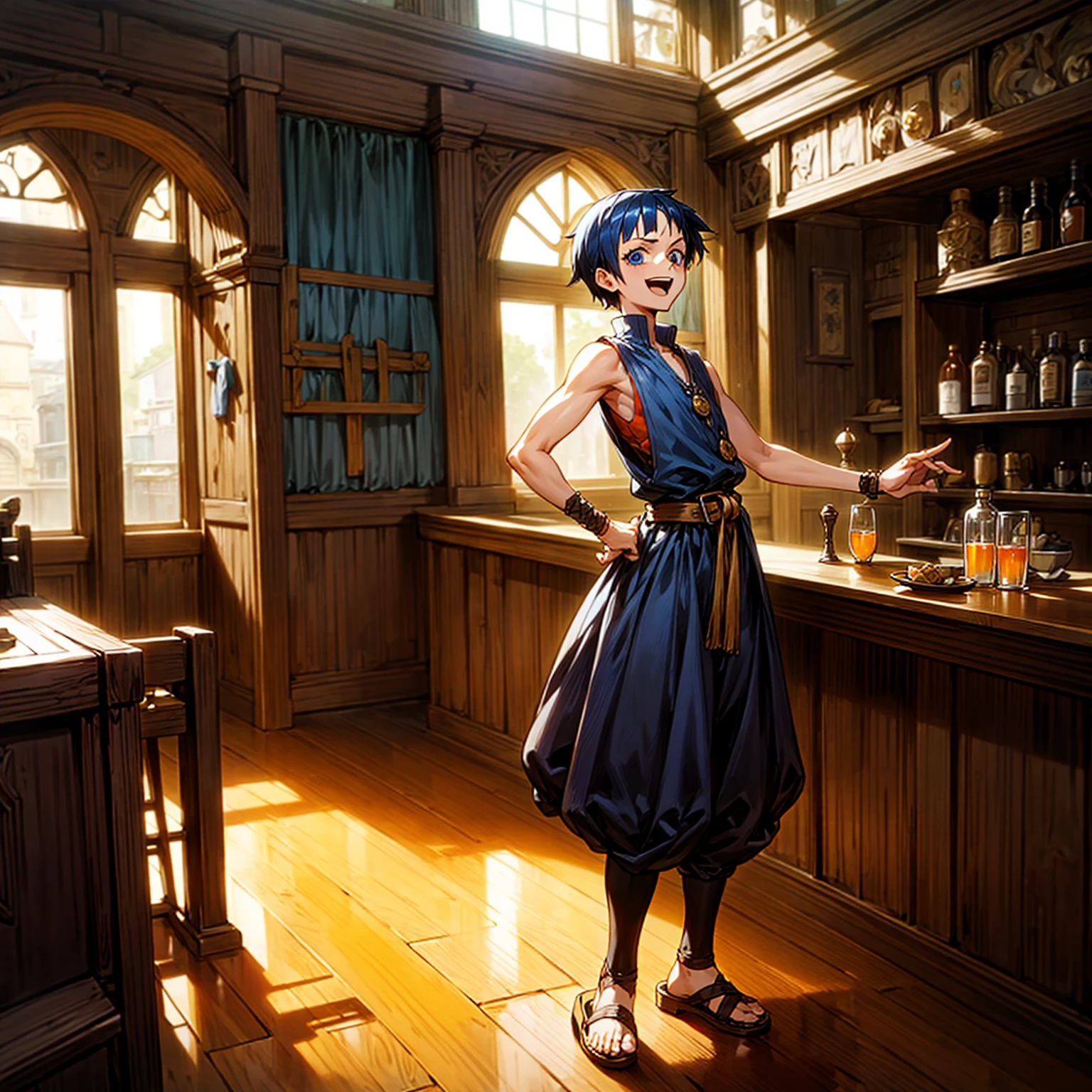 Solo character,  boy, full body version, blue eyes, black half orange colour hair, short mohawk haircut, casual clothing, sleeveless, belt, sandals, indoor, bar, village, medieval, afternoon, standing gesture, detailed clothing, detailed hair, detailed background, (one piece style art), open mouth, happy,