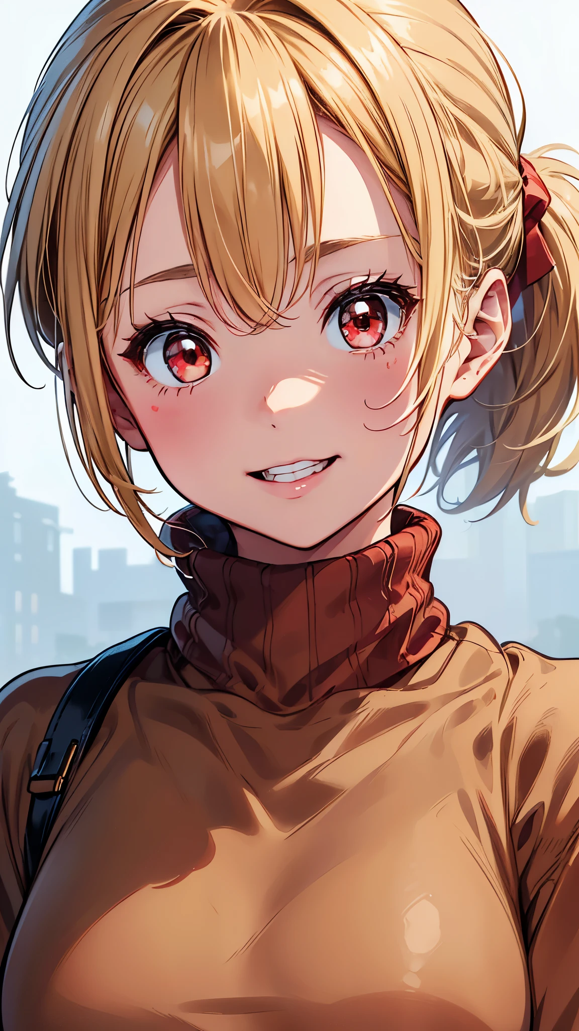 masterpiece、High resolution、High resolution、High resolution、1 female、Very close、Upper body close-up、((Blonde、ponytail、Beautiful red eyes、short hair))、A kind smile、Laughing with your mouth open、Pink Lip Gloss、((Wear a brown coat over a red turtleneck sweater))