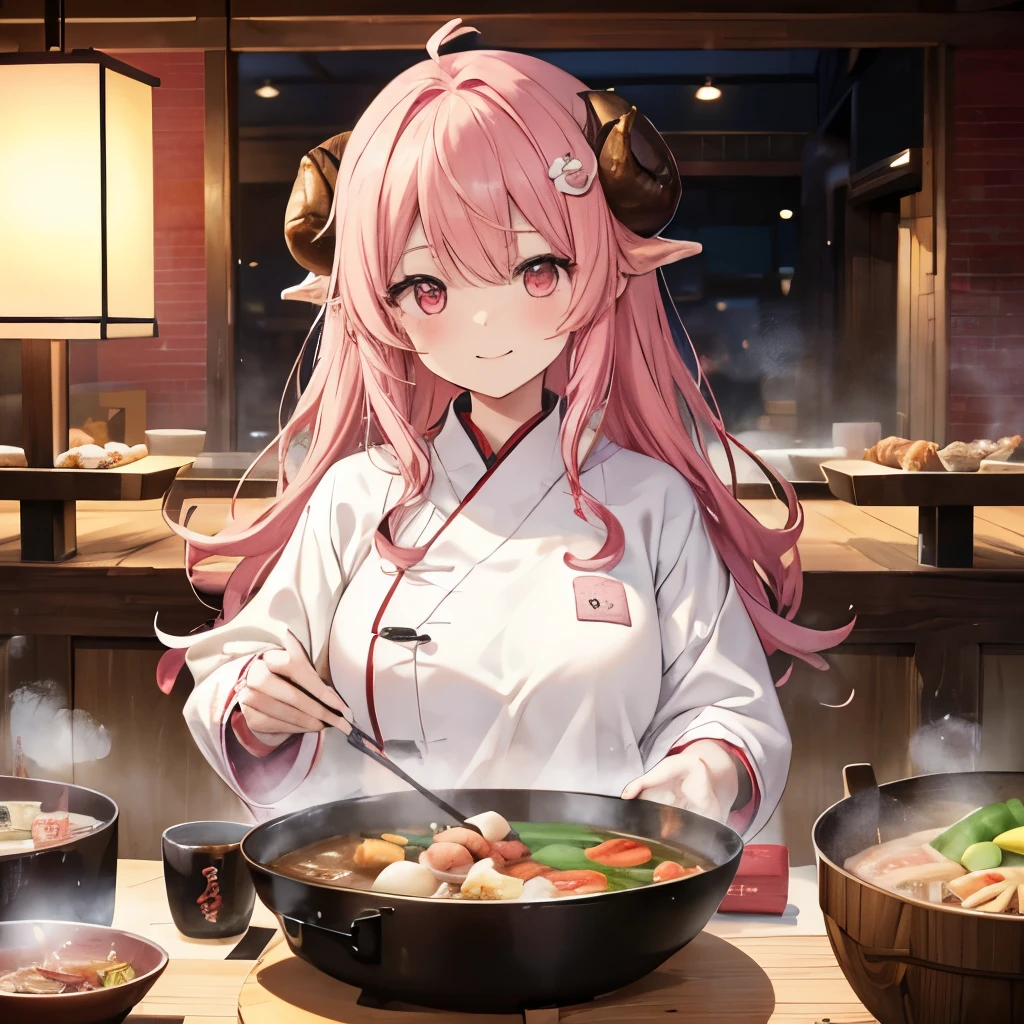 An anime-style illustration of ‘Fua-chan’ enjoying hot pot (hot pot). Fua-chan has distinctive features: long pink hair styled in soft curls resembling sheep’s horns, and pink eyes. She is depicted sitting at a table with a bubbling hot pot in the center, filled with various ingredients like vegetables, Meat, and tofu. She has a joyful and excited expression as she uses chopsticks to pick up a piece of food from the pot. She is wearing casual, comfortable clothing suitable for a cozy meal. The background shows a warm and inviting dining setting, with steam rising from the hot pot, creating a lively and appetizing atmosphere.