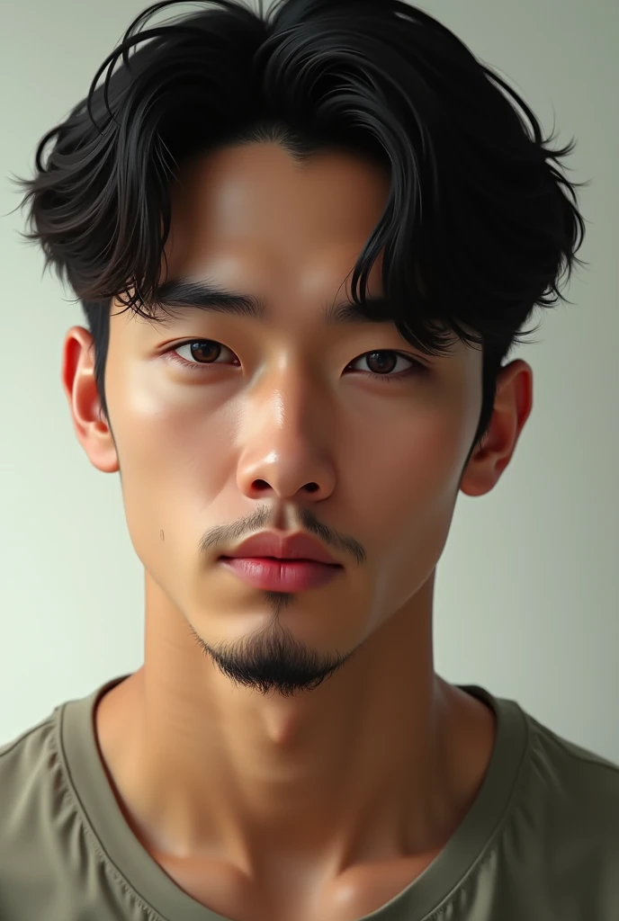28-year-old man with similar features to South Korean Jungkook. The man has tanned skin, chin-length hair and visible beard