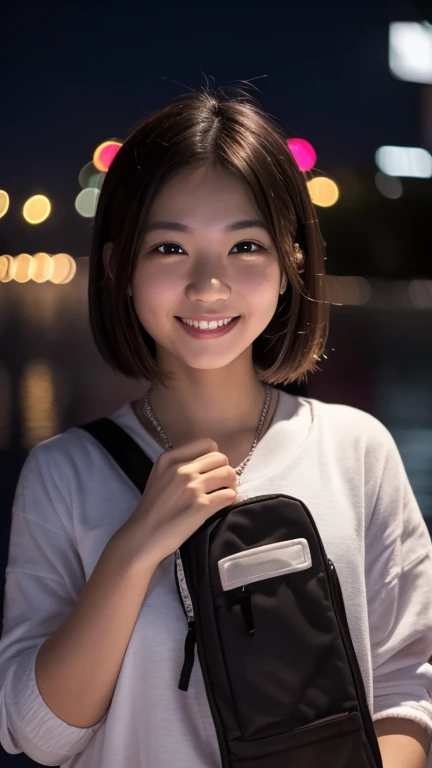 Highest quality, 8k, RAW Photos, Absurd, Portraiture, smile, alone, (night:1.8), Idol&#39;s face,  Delicate girl, whole body、 Looking at the audience, Frank, Sophisticated,Thin arms, Professional Lighting, Film Grain, chromatic aberration, (Eye and facial details:1.0), (Bokeh:1.1) ,Swimwear