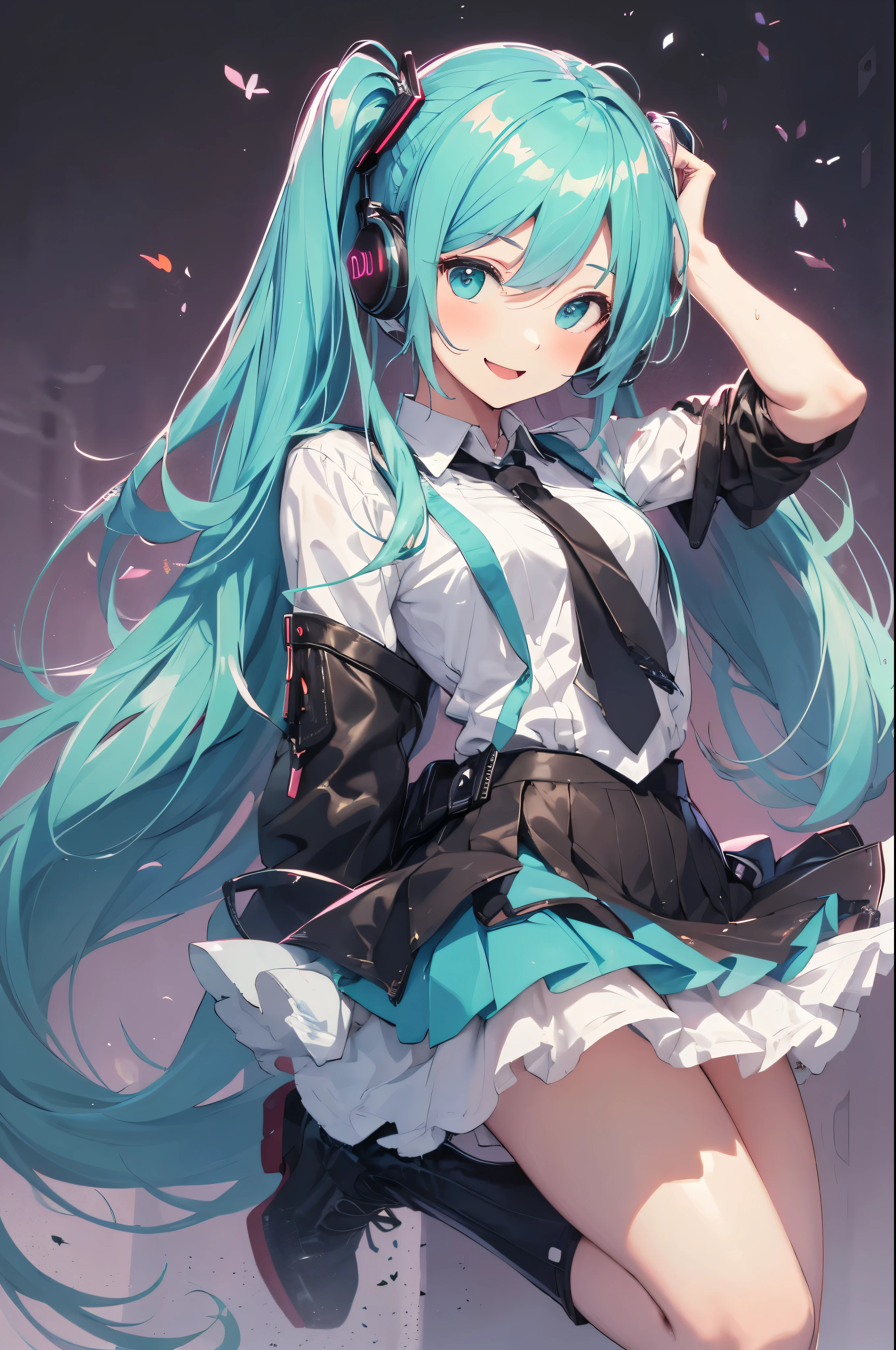 hatsune miku, Happy, smile, Open your mouth, sing, Dancing, Highest quality, High resolution. Intricate details,Highest quality, chromatic aberration, 1 girl, alone, Wet Skirt, hatsune miku, Long Hair, Thighs, Twin tails, Removed sleeve, tie, Thigh boots, boots, Sleeveless, headset, Aqua Eye, Pleated skirt, Aqua Hair, whole body, Sleeveless Shirt, Simple Background, Very Long Hair, White Background, Black shoes, 黒いThighs, hair ornaments