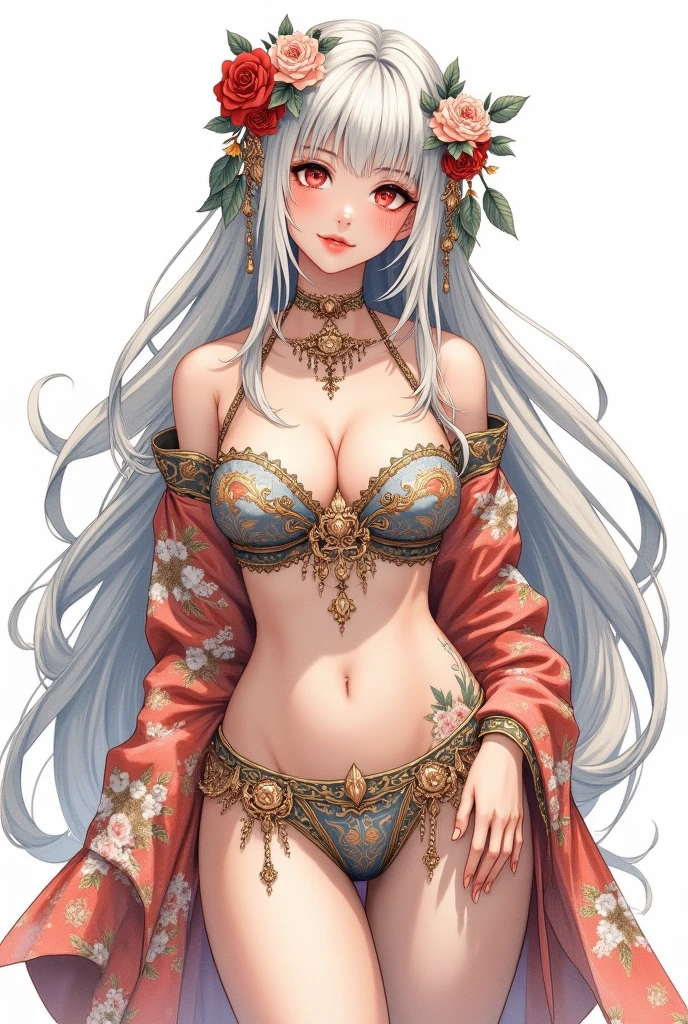 A high-quality watercolor-style painting of a glamorous female tarot reader with a light novel aesthetic. She has long, flowing silver hair adorned with beautiful decorations, including intricate hairpins and flowers. She is wearing an expensive, elaborately designed kimono with elegant patterns. The kimono is off-shoulder and reveals her midriff, showing a considerable amount of skin. She has a curvaceous and glamorous body shape. The background is white to enhance the light novel atmosphere. The scene captures her looking serene and mystical.