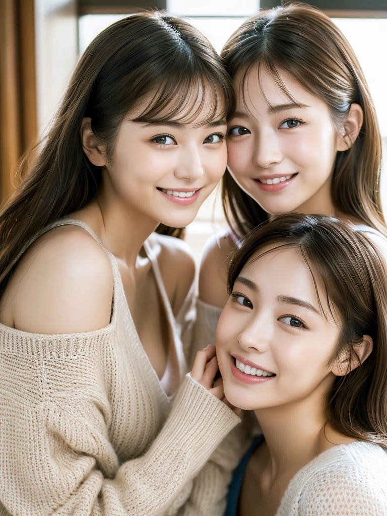 (masterpiece:1.3), (8K, Photoreal, Raw photo, best image quality: 1.4), Japanese high school girl、Similar twins、2 girls、(random hairstyle:1.2)、cleavage:1.2、super detail face、eye for details、double eyelid、chest to chest、sharp focus:1.2、Beautiful woman:1.4、light brown hair、highest quality、masterpiece、Super high resolution、(Photoreal:1.4)、Highly detailed and professionally lit smiles、loose and light knitwear, Two girls are touching each other's bodies because they are surprised that they have exactly the same face.