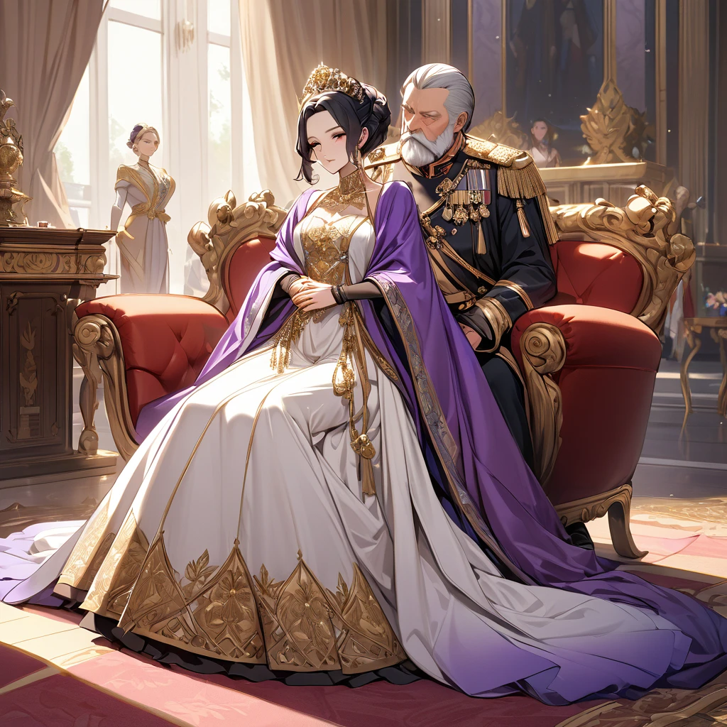 ((Highest quality)), ((masterpiece)), (detailed), （Perfect Face）、The woman is Shinobu Kocho, a Russian with black hair with purple gradient ends, tied in a bob hairstyle, an elegant, graceful and beautiful Russian noblewoman, and the Empress of the Great Russian Empire.、The woman is beautifully dressed in the gorgeous, glittering gold-colored Russian court dress of an ancient Russian empress, accessorized with luxurious accessories and kokoshniks.、The woman is standing next to a great and dignified old Russian emperor.、The woman is sitting on a luxurious sofa in the palace hugging and kissing the great old Russian emperor.