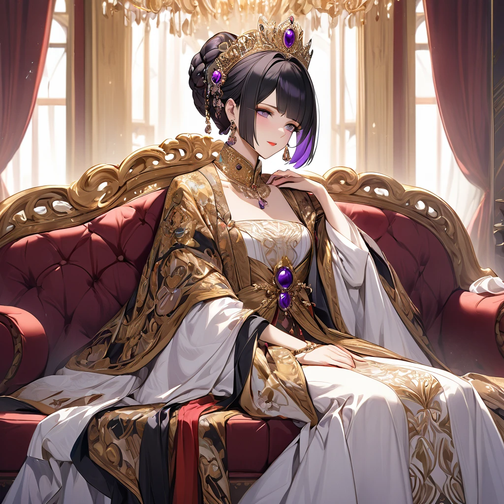((Highest quality)), ((masterpiece)), (detailed), (Perfect Face)、The woman is Shinobu Kocho, a Russian with black hair with purple gradient ends, tied in a bob hairstyle, an elegant, graceful and beautiful Russian noblewoman, and the Empress of the Great Russian Empire.、The woman is beautifully dressed in the gorgeous, glittering gold-colored Russian court dress of an ancient Russian empress, accessorized with luxurious accessories and kokoshniks.、The woman is standing next to a great and dignified old Russian emperor.、The woman is sitting on a luxurious sofa in the palace hugging and kissing the great old Russian emperor.